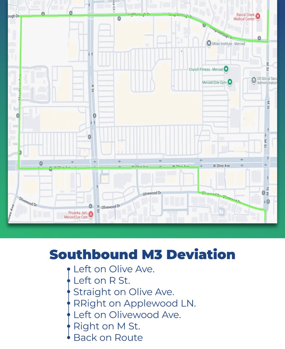 mercedthebus's tweet photo. 🚨 Route Deviation Notice from The Bus 🚨

Route M3 will use a temporary detour until further notice due to utility line installation on Olive Ave &amp; M St. Please follow the posted detour map and allow extra travel time. The Bus apologizes for the inconvenience. 🚍

#ridethebus https://t.co/gTst8WT35b