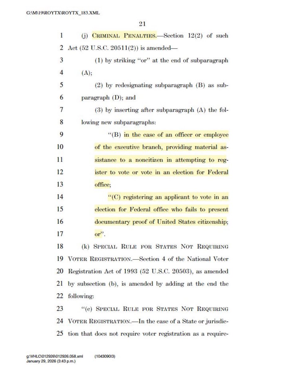 This is one of the main reasons why Democrats are a NO on the SAVE America Act.

It creates a Criminal Penalty for election officials who register an illegal. 

And they can't have that.