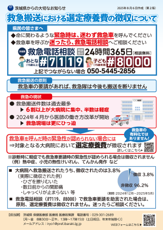 Ibaraki_Kouhou's tweet photo. 茨城県で、緊急性の認められない救急搬送の場合に、大病院が選定療養費を徴収することにしてから１年が経過しました🚑

徴収開始から１年間の検証結果を公表しましたので、ぜひご覧ください。
これからも救急医療の適正利用にご協力をお願いします🏥
 
https://t.co/uHKIl32Cjm https://t.co/R0nIA7jx8f