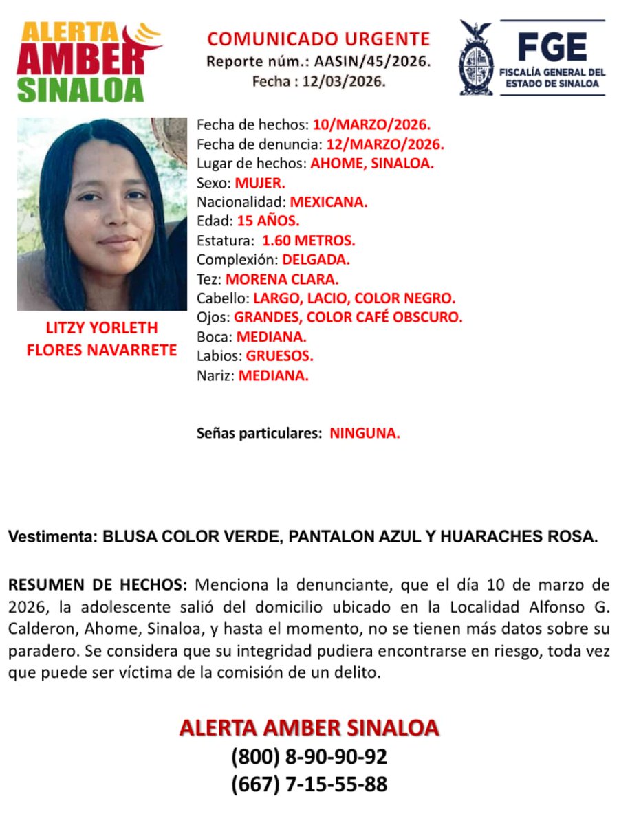 SE SOLICITA LA COLABORACIÓN DE LA SOCIEDAD PARA LOCALIZAR A LA ADOLESCENTE. #AlertaAmberSinaloa #FiscaliaSinaloa