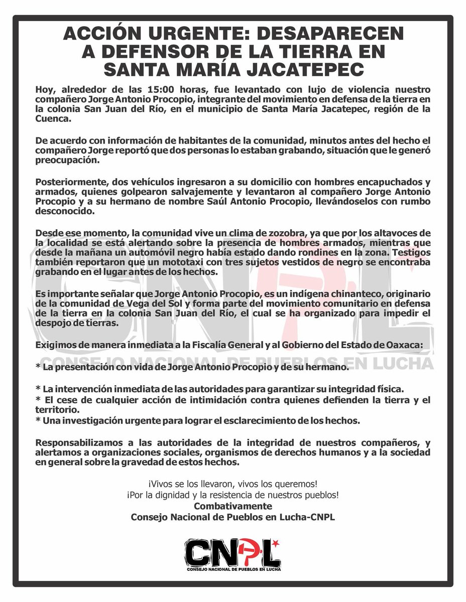 HenareSuastegui's tweet photo. ACCIÓN URGENTE: DESAPARECEN A DEFENSOR DE LA TIERRA EN SANTA MARÍA JACATEPEC

¡Presentación con vida del compañero Jorge Antonio Procopio!

@julioastillero @GobOax @FiscalOaxaca @FISCALIA_GobOax https://t.co/lBlBTVaAue