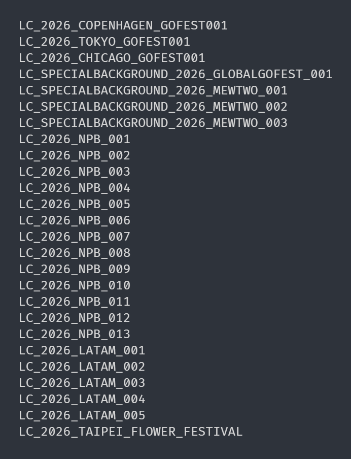 thepokemodgroup's tweet photo. Let's kick off the version 403.0 datamine:

To start, 26 new location backgrounds have been added:

Highlights include:
Special background Mewtwo 👀
NPB (Nippon Professional Baseball?)
Latam
Taipei Flower Festival

all:
LC_2026_COPENHAGEN_GOFEST001
LC_2026_TOKYO_GOFEST001
LC_2026_CHICAGO_GOFEST001
LC_SPECIALBACKGROUND_2026_GLOBALGOFEST_001
LC_SPECIALBACKGROUND_2026_MEWTWO_001
LC_SPECIALBACKGROUND_2026_MEWTWO_002
LC_SPECIALBACKGROUND_2026_MEWTWO_003
LC_2026_NPB_001
LC_2026_NPB_002
LC_2026_NPB_003
LC_2026_NPB_004
LC_2026_NPB_005
LC_2026_NPB_006
LC_2026_NPB_007
LC_2026_NPB_008
LC_2026_NPB_009
LC_2026_NPB_010
LC_2026_NPB_011
LC_2026_NPB_012
LC_2026_NPB_013
LC_2026_LATAM_001
LC_2026_LATAM_002
LC_2026_LATAM_003
LC_2026_LATAM_004
LC_2026_LATAM_005
LC_2026_TAIPEI_FLOWER_FESTIVAL

https://t.co/sW7n0iSmE4
#Datamine #PokemonGO