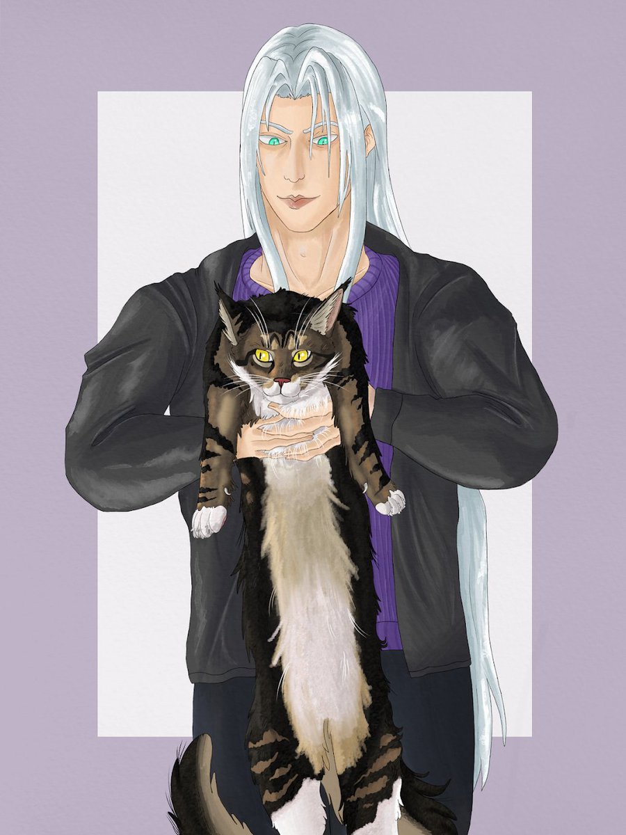 I drew Sephiroth holding my cat, Titus 🥺