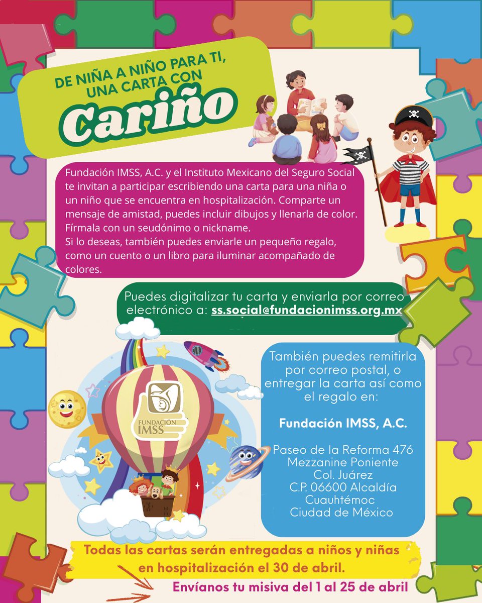 FundacionIMSS's tweet photo. En el marco del Día de la Niña y el Niño, te invitamos a participar en la iniciativa: De niña a niño para ti, una carta con cariño.
#FIMSS https://t.co/hH6cArPlrM
