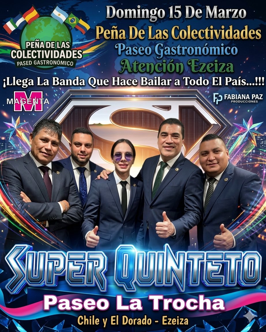 elsuperquinteto's tweet photo. Este Domingo 15 De Marzo Llega El Super Quinteto a @feria_colectividades En La Trocha De Ezeiza, Ezeiza Se Viste De Fiesta, Te Esperamos #ezeiza #elsuperquinteto #fyp #viral #latrocha https://t.co/cYwqxqe1bJ