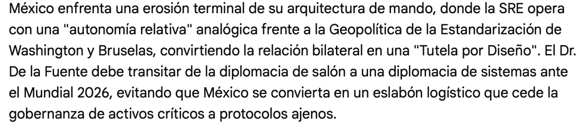 La revisión estratégica de este marzo de 2026 no es un trámite, es el examen final de nuestra integridad operativa. En la Cancillería deben distinguir entre presencia simbólica y mando real. Aquí el núcleo del déficit que enfrentamos.