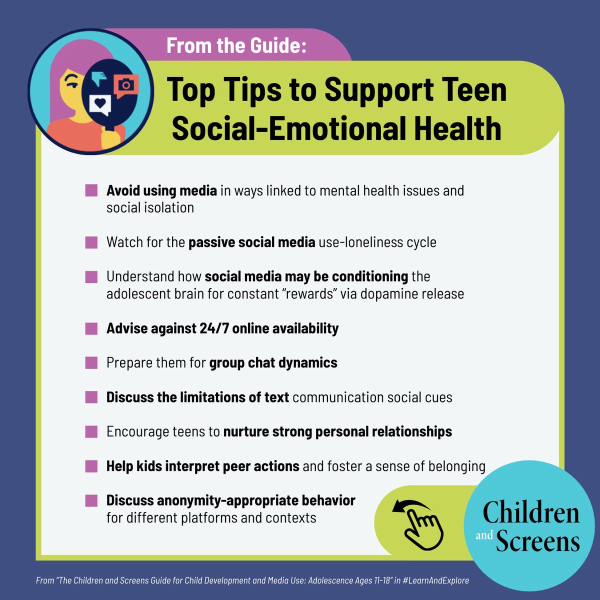 childrenscreens's tweet image. How does #DigitalMedia use interfere with teen social-emotional development? How can parents support their adolescents in forming meaningful social connections?
Grab your free copy of the NEW Ages 11-18 Guide from Children and Screens today to learn the answers to these questions