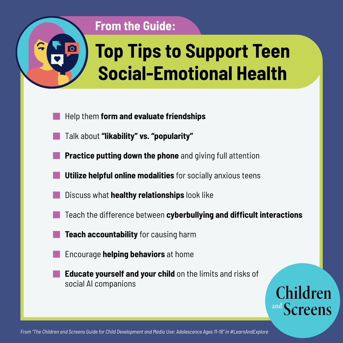 childrenscreens's tweet image. How does #DigitalMedia use interfere with teen social-emotional development? How can parents support their adolescents in forming meaningful social connections?
Grab your free copy of the NEW Ages 11-18 Guide from Children and Screens today to learn the answers to these questions