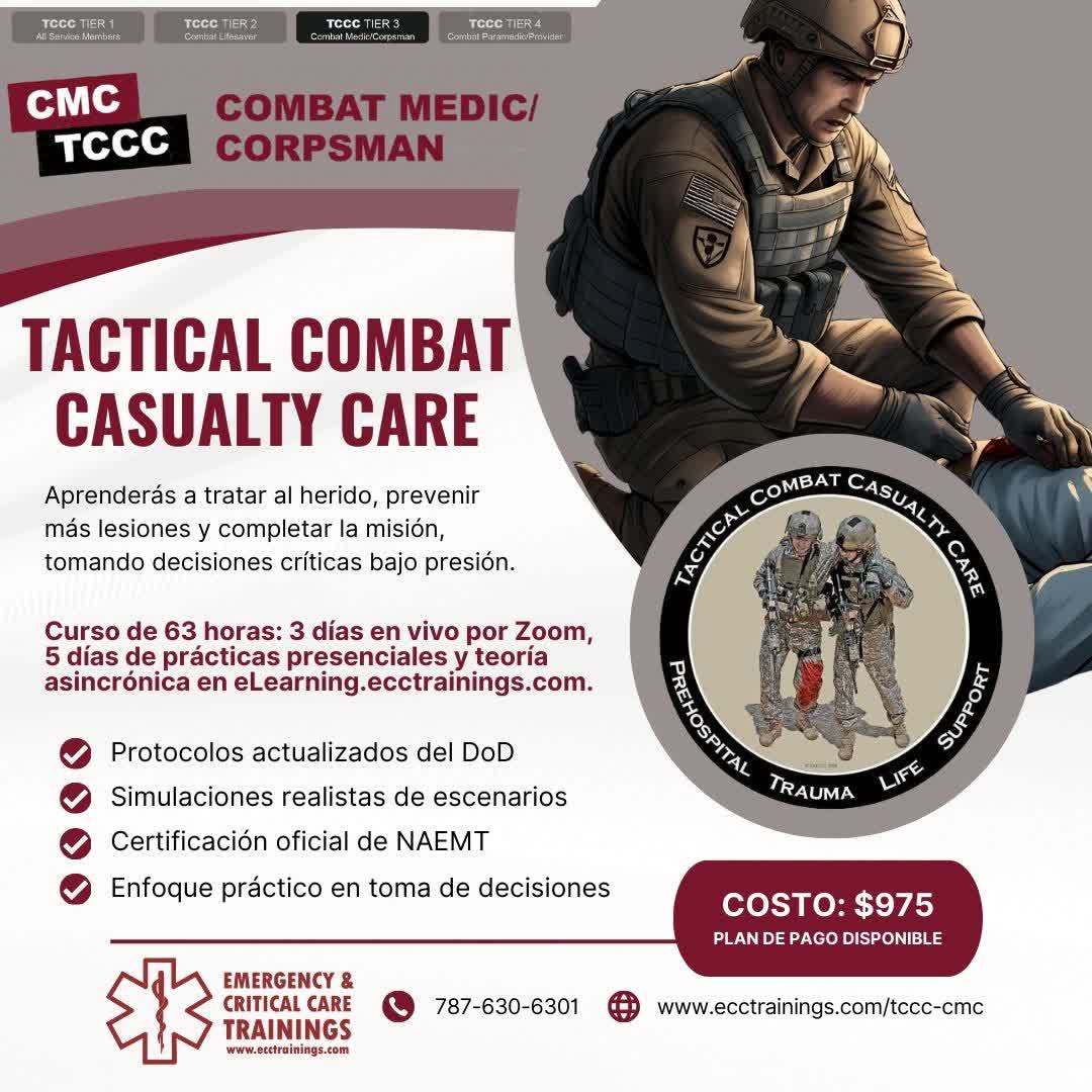 Cuando el sangrado es masivo y la escena es caótica, no hay tiempo para improvisar.El TCCC CMC 2026, acreditado por la National Association of Emergency Medical Technicians y ofrecido por ECCtrainings LLC, comienza el 3/25/26. Info:
bit.ly/412J9S0
📲 787-630-6301