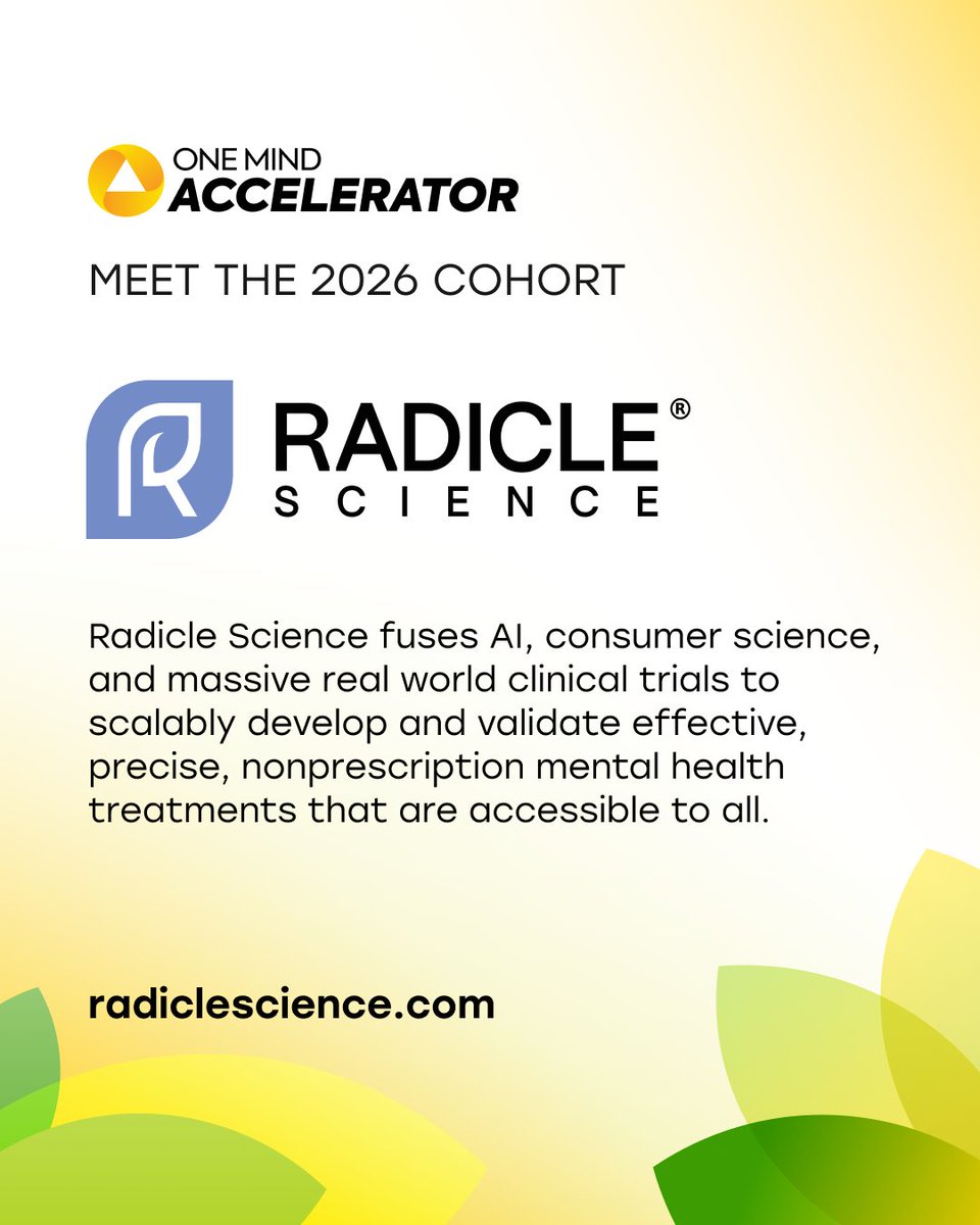 OMAccelerator's tweet photo. MEET THE 2026 COHORT: ⁠Radicle Science⁠
⁠
@radiclescience is a healthtech public benefit corporation on a mission to transform mental wellness by enabling rigorous science at unprecedented speed, scale, & affordability. Since launching in 2021, Radicle Science has become the #1 U.S. generator of rigorous clinical evidence in wellness. ⁠
⁠
Through a vertically integrated, decentralized, AI-driven model, the company has conducted blinded, randomized, placebo-controlled trials with 80,000+ Americans—more than all FDA drug approval trials combined over the same period. Radicle’s patent-pending Proof-as-a-Service™ platform runs end-to-end automated, gold-standard trials, creating the largest aggregated wellness clinical dataset to date, spanning biomarkers, wearables, digital health measures, behaviors, & demographics.⁠
⁠
Radicle’s diverse community of “citizen scientists”—over 50% female, 25%+ racial minorities, and 20%+ rural participants—unlocks precision health insights across subpopulations historically invisible to science. These insights have led ⁠to multiple peer-reviewed publications with academic collaborators including Harvard, Hopkins, Yale, UCLA.⁠
⁠
Partnering across the wellness value chain—including suppliers, manufacturers, brands, & retailers—Radicle drives treatment effectiveness, claims, & real-world impact for mental health. Led by Co-Founders, @drjeffchen & Pelin Thorogood (@PelinT), the 40-person strong Radicle team is redefining how non-prescription mental wellness innovations are developed, validated, & scaled for broad access. ⁠
⁠⁠⁠
▶︎ Learn more at ⁠https://t.co/XyiyJ1JkqF
⁠
⁠▶︎ Visit our website to learn more about the One Mind Accelerator program and this year's cohort of 14 companies shaping the future of mental health science, innovation, and treatment: https://t.co/YNoyWEpANV⁠

#2026OMA #MentalHealth #Innovation #OneMind #Accelerator #HealthTech #AI #Wellness
