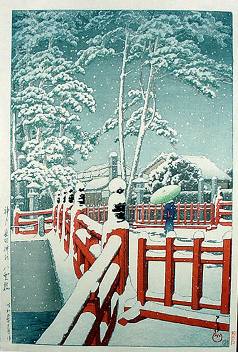 Snow at Yagumobashi Bridge, Nagata — Kobe Nagata Jinja Yagumobashi, by Kawase Hasui, 1934