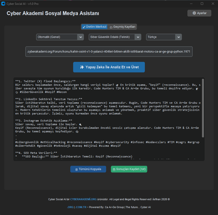 cyberacademyorg's tweet photo. Forumda veya blogda saatlerce uğraşıp dev bir makale yazdınız...

Peki ya bunu sosyal medyada duyurmak? SEO ayarları? Kapak görseli? Bırakın o "ameleliği" yapay zeka yapsın.

Karşınızda Cyber Akademi Ar-Ge laboratuvarından: Cyber Social AI v1.0 Pro! 

Sadece linki yapıştırın; Twitter floodunuz, SEO etiketleriniz ve Midjourney görsel komutunuz saniyeler içinde hazır olsun. Hem de 5 farklı dilde.

Ücretsiz indirmek ve incelemek için: 👉 https://t.co/bgWVOhB64y

#CyberSecurity #YapayZeka #SEO #Python #CyberAkademi