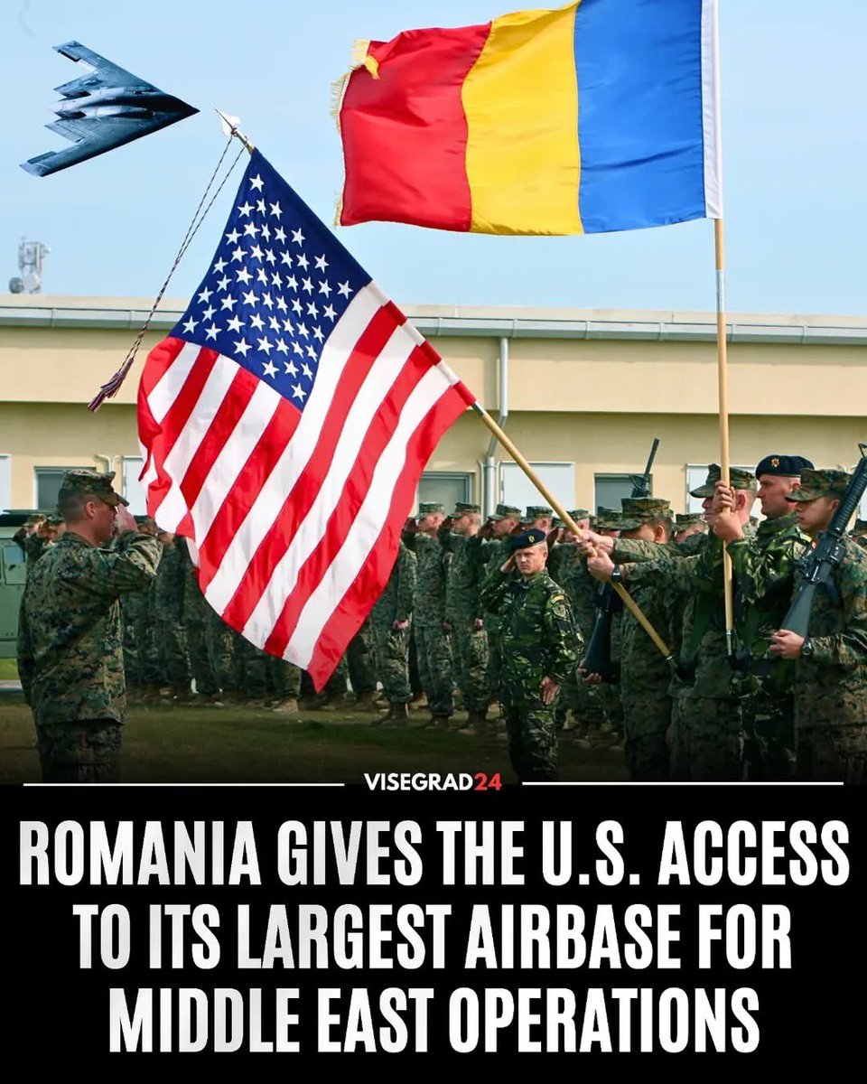 visegrad24's tweet photo. 🇺🇸🇷🇴 Romania has approved a U.S. request for temporary access to one of Europe’s largest NATO military bases, Mihail Kogălniceanu Air Base, to support operations in the Middle East against the Islamic Regime in Iran, including refueling aircraft, deploying fighter jets, and sending up to 500 personnel.