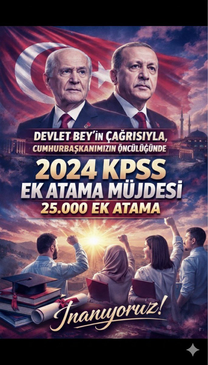 <a href="/PrfDrFilizKilic/">Prof. Dr. Filiz KILIÇ</a> Öğretmenlik  geleceği inşa eden bir görevdir. 2024 KPSS öğretmenleri için ek 25 bin atama yapılması ülkemizin yarınları için yatırımlardan biridir.
<a href="/RTErdogan/">Recep Tayyip Erdoğan</a> <a href="/memetsimsek/">Mehmet Simsek</a> <a href="/TalipGeylan06/">Talip Geylan</a> <a href="/dbdevletbahceli/">Devlet Bahçeli</a> <a href="/MHP_Bilgi/">MHP</a> <a href="/profzuhaltopcu/">Prof.Dr. Zühal TOPCU</a> <a href="/PrfDrFilizKilic/">Prof. Dr. Filiz KILIÇ</a> 
#MebEkYirmiBeşBin2024KPSS