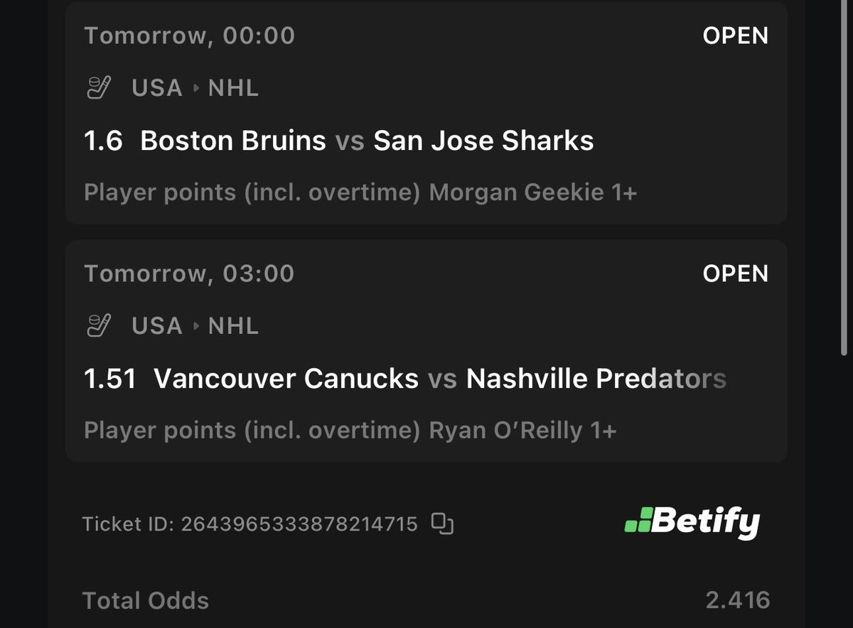 NEXENPRONOS's tweet photo. 🏒 NHL TIME 

Confiance 
🎯 Boston Bruins @ 2,00 

Confiance 2 
🎯 Geekie point + O’Reilly point @ 2,41 

🚀 FUN @ 133

Meilleure cote Betify : https://t.co/rChi5uuppr https://t.co/iLtSNtvFYM