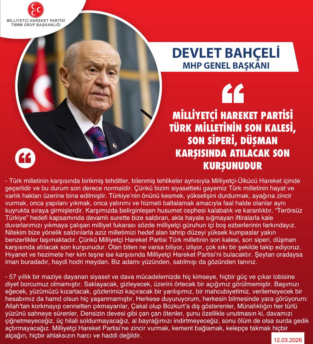 Genel Başkanımız Sayın "Devlet BAHÇELİ" <a href="/dbdevletbahceli/">Devlet Bahçeli</a>: Milliyetçi Hareket Partisi Türk milletinin son kalesi, son siperi, düşman karşısında atılacak son kurşunudur.