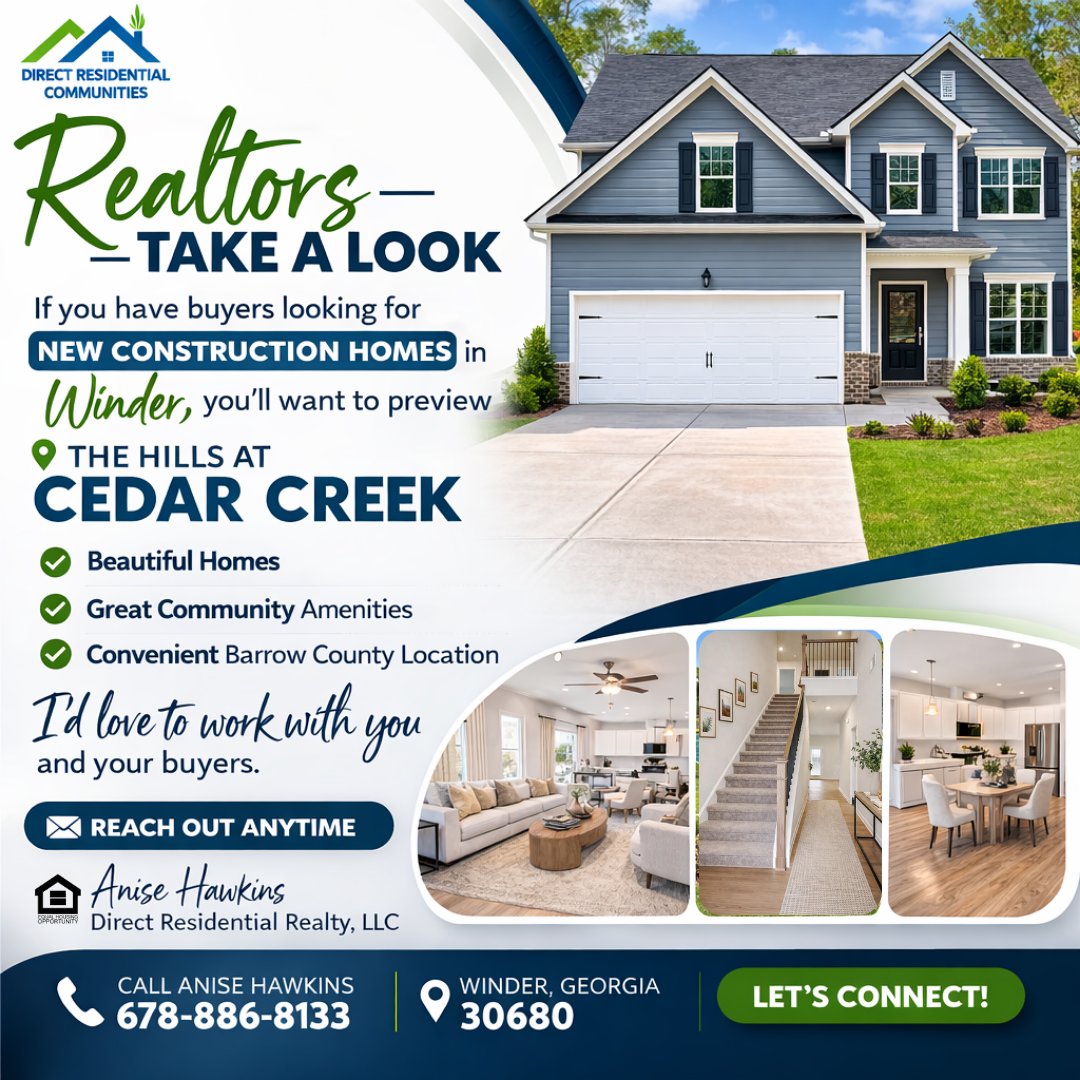 Anisehawkins's tweet image. 🏡 Realtors — take a look

If you have buyers searching for new construction homes in Winder, you’ll want to preview The Hills at Cedar Creek.

 Anise Hawkins | Associate Broker
Direct Residential Realty, LLC
📞 678-886-8133

#RealtorNetwork #GeorgiaRealtors #WinderGA