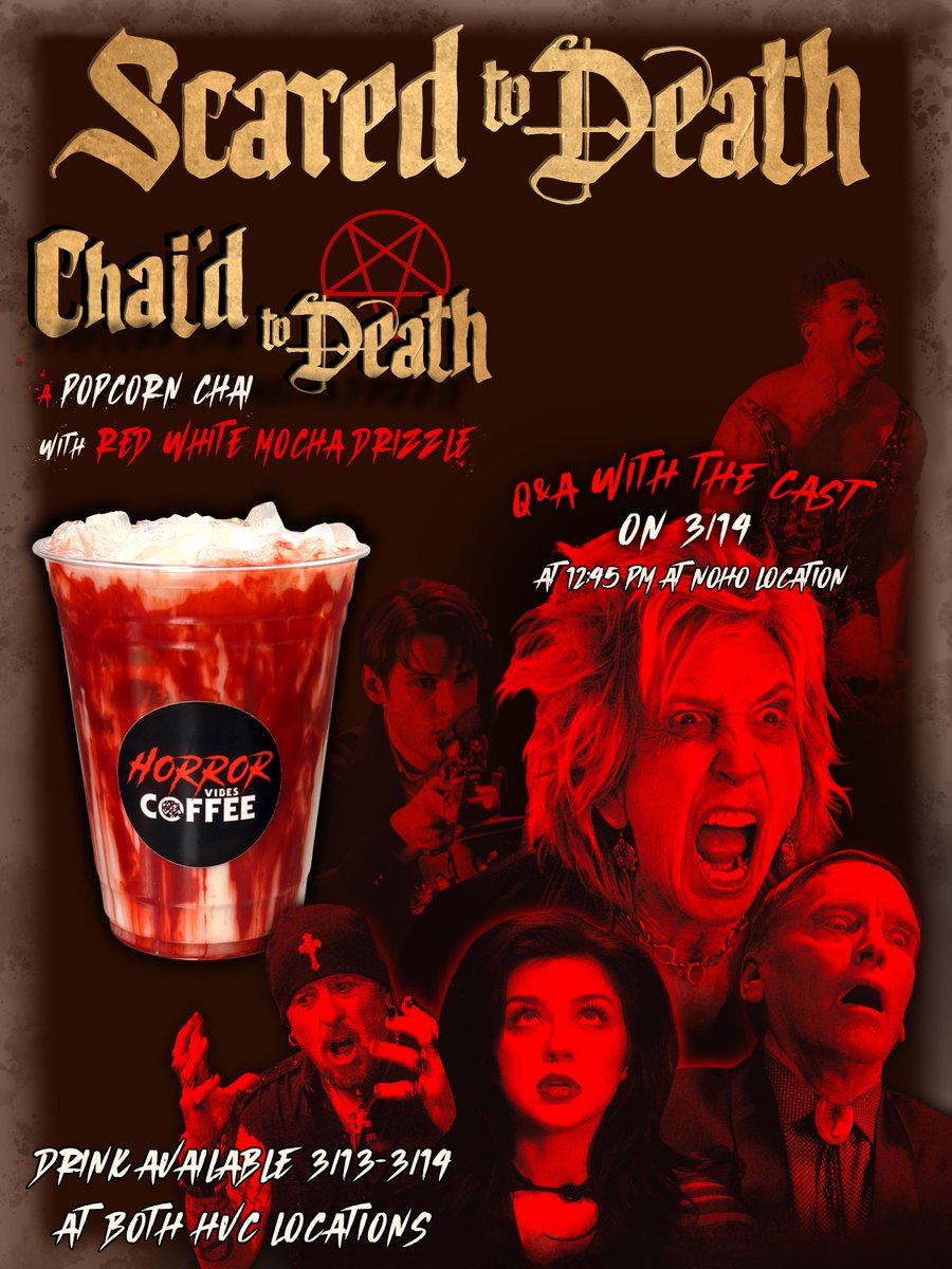 SDeath17178's tweet photo. Something wicked is brewing… ☕️🩸

The “Chai’d to Death” popcorn chai with red &amp; white mocha drizzle is here.

Available 3/13–3/14 at Horror Vibes Coffee.
🎤 Cast Q&amp;A 3/14 • 12:45 PM (NoHo)

#ScaredToDeath #HorrorVibesCoffee https://t.co/f6hk3wa8BK