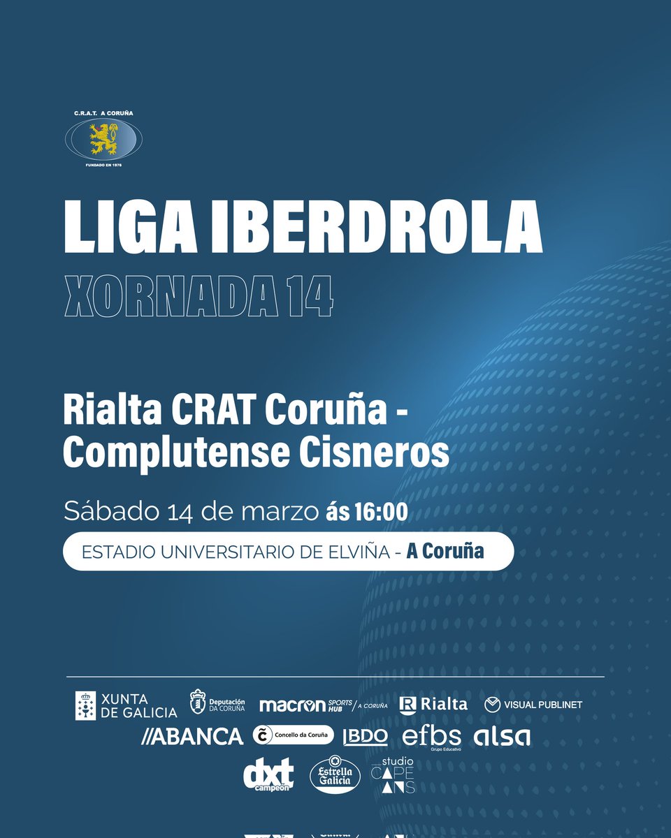 CRAT1976's tweet photo. Semana de partidos cruciales. 

El Rialta se la juega el sábado en Elviña y nuestro Senior Masculino y los M14 juegan partidos muy importantes en Vigo y Ourense

Toca llenar Elviña https://t.co/ct3evLjEi7