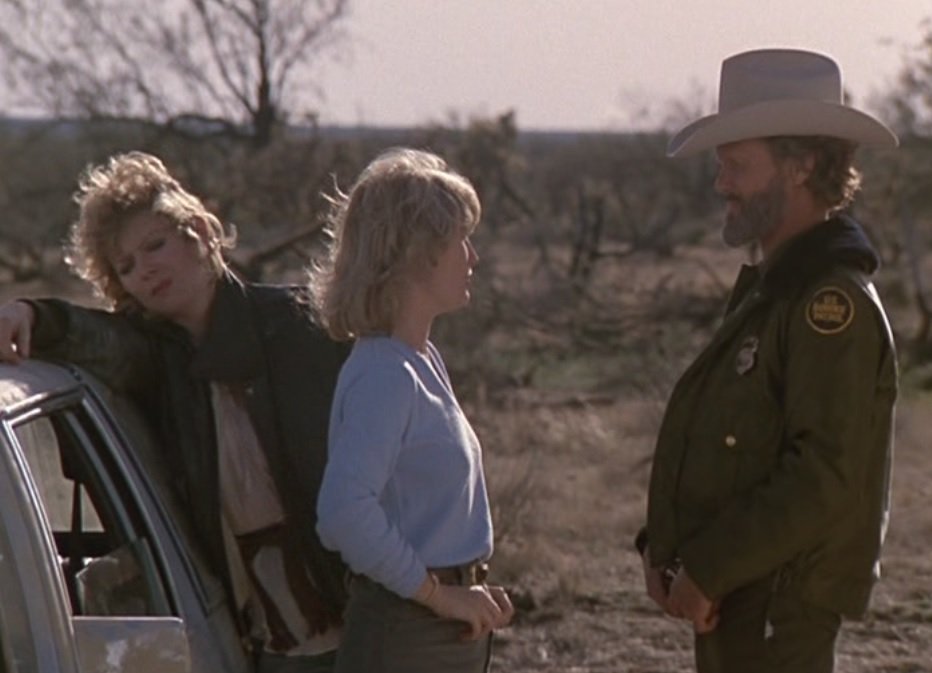 Flashpoint (1984, dir. William Tannen) seemed like a big deal when it came out but has been largely forgotten. 

Kris Kristofferson, Treat Williams, Rip Torn, Kurtwood Smith, Tess Harper, Jean Smart, Miguel Ferrer

Border Patrol, human smuggling, government conspiracy. 

Find it.