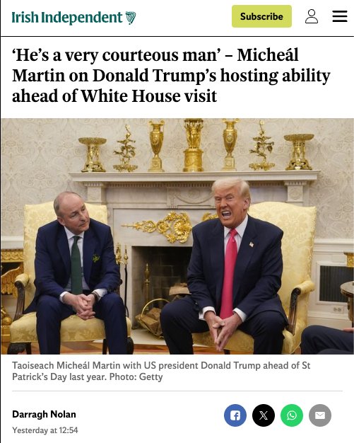 I wonder if the Epstein survivors or the more than 170 slaughtered schoolgirls in Minab would agree. <a href="/MichealMartinTD/">Micheál Martin</a>, you obsequious, spine-free disgrace of a man. Ireland's shame.