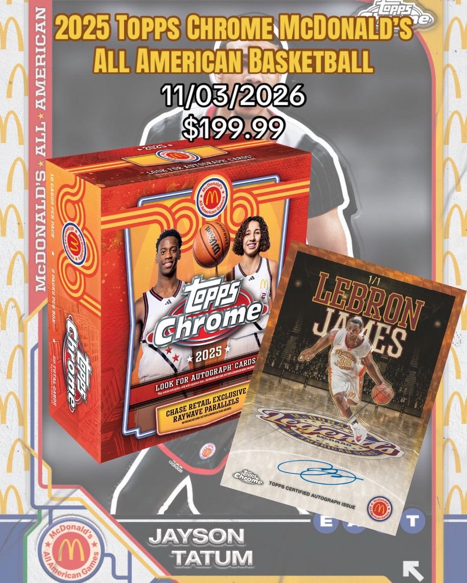 Alexandre_L_R's tweet image. Hier c’était la sortie des 2025 Topps Chrome Mcdonald’s All American Basketball à 120€ avec notamment de magnifique auto de Lebron James ou encore des cartes de Jayson Tatum sans compter les prospects bien entendu #topps #sportcards #toppscards #basketballcards @Topps