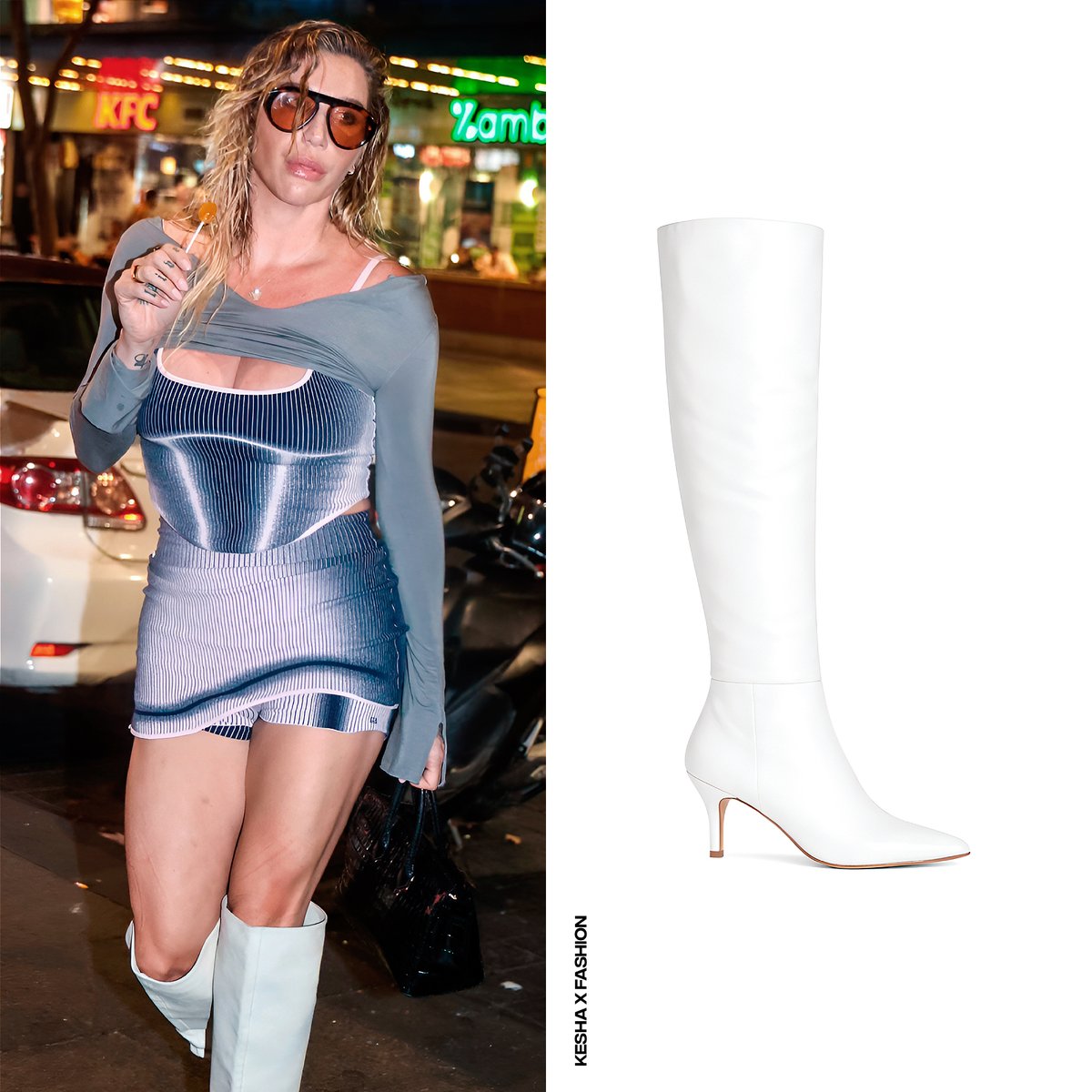 KeshaXFashion's tweet image. Kesha headed out for an evening at the lively Sussudio nightclub in Sydney, wearing a tank top and tennis skirt by #PH5, a long-sleeve grey top by #JoahBrown and the @FDM_Collection "Milly" white leather boots. She accessorized with her @Hermes_Paris vert emerald leather bag.