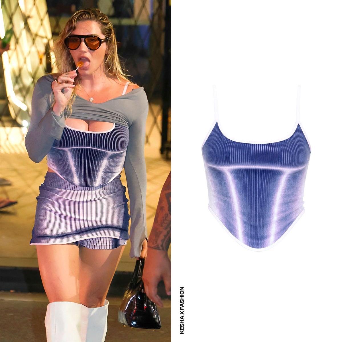 KeshaXFashion's tweet image. Kesha headed out for an evening at the lively Sussudio nightclub in Sydney, wearing a tank top and tennis skirt by #PH5, a long-sleeve grey top by #JoahBrown and the @FDM_Collection "Milly" white leather boots. She accessorized with her @Hermes_Paris vert emerald leather bag.