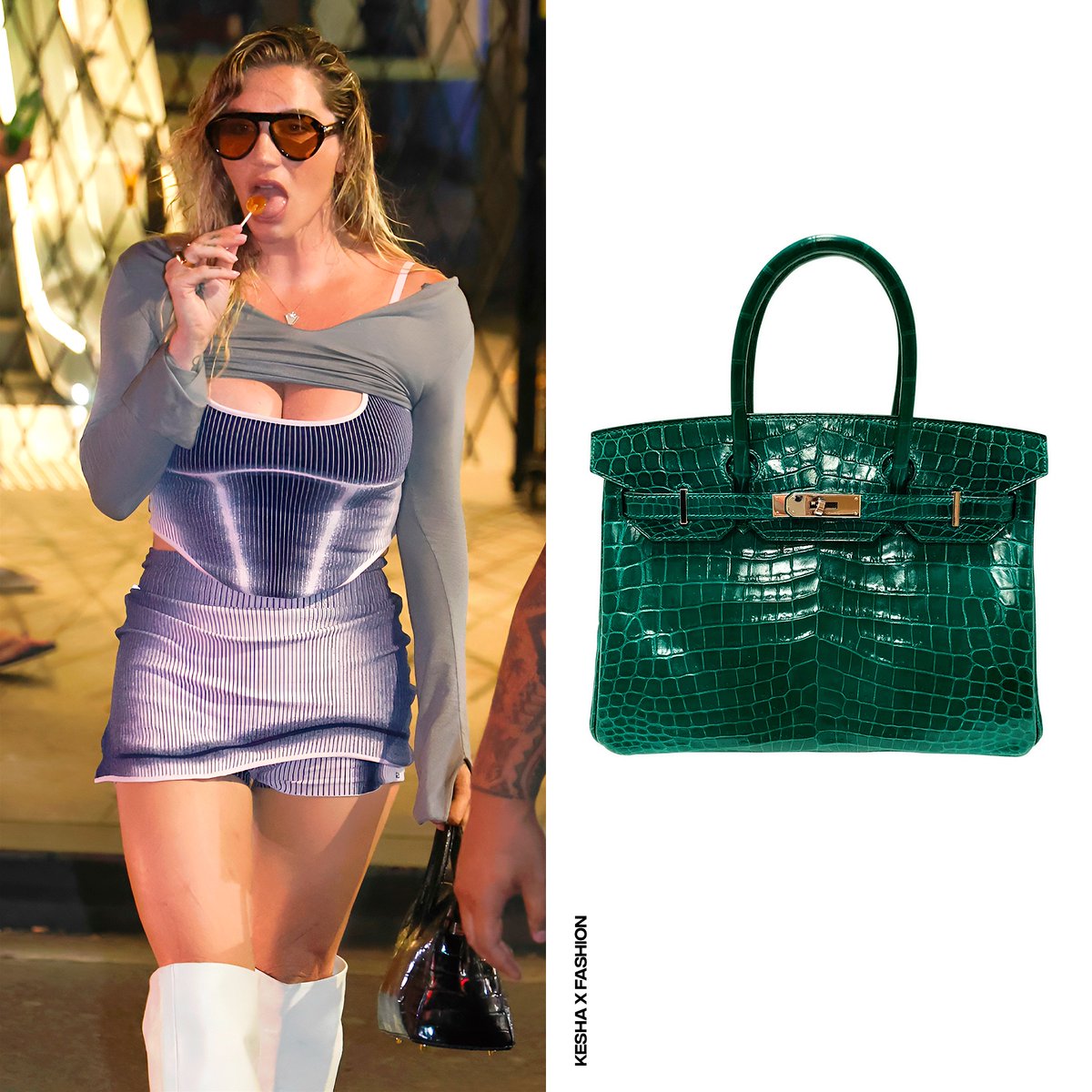 KeshaXFashion's tweet image. Kesha headed out for an evening at the lively Sussudio nightclub in Sydney, wearing a tank top and tennis skirt by #PH5, a long-sleeve grey top by #JoahBrown and the @FDM_Collection "Milly" white leather boots. She accessorized with her @Hermes_Paris vert emerald leather bag.