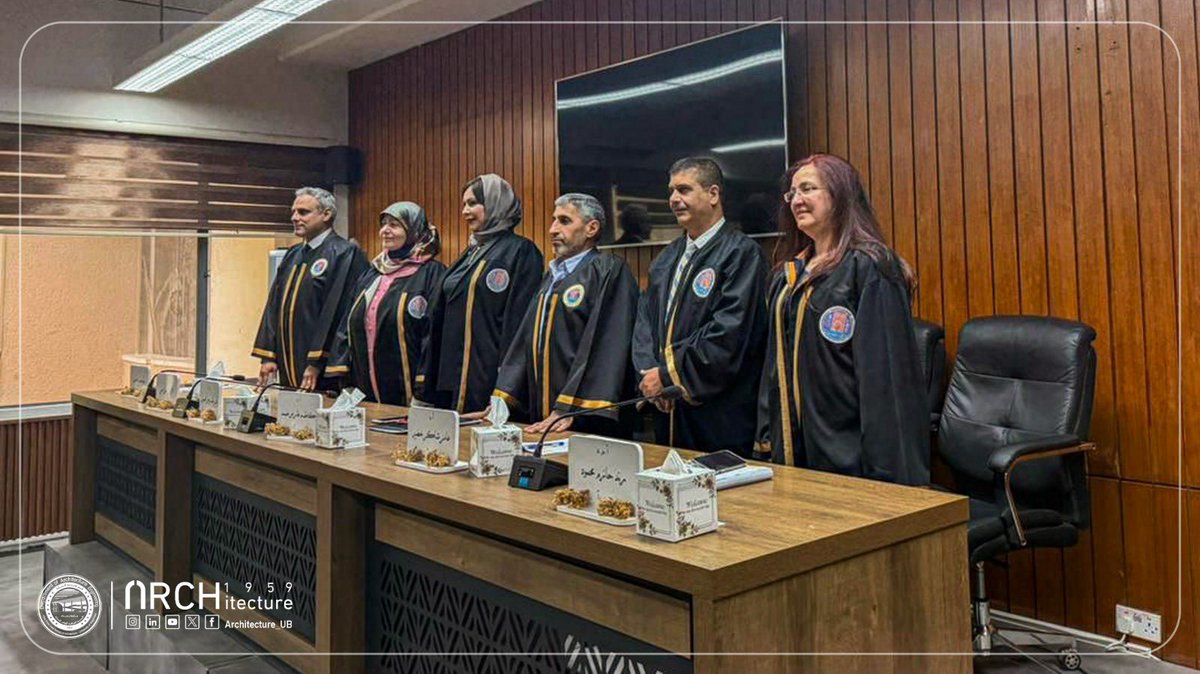 Architecture_Ub's tweet photo. The University of Baghdad / College of Engineering / Department of Architecture witnessed the public defense of the PhD student Marwa Abdul Sattar Abdul Jabbar for her dissertation entitled:

“The Intellectual Data of Biomimetic Architecture and Its Impact on the Intelligent System of Building Facades.”

This took place on Thursday, 5/3/2025, at Professor Mohammed Makiya Hall, under the supervision of Assoc. Prof. Dr. Rand Hazem Agha.

The dissertation aimed to highlight the employment of biomimetic architectural behavior in the movement of intelligent facade envelopes to improve the environmental performance of buildings, by building a theoretical framework for the concepts of biomimetic architecture and intelligence in facade envelopes, leading to the design of a smart envelope model inspired by the living joint using artificial intelligence techniques, and applying it to the Baghdad Mall building.

The research included designing a movable envelope using SolidWorks, with analyzing the climatic performance of the building before and after applying the envelope using Rhino, Grasshopper, and Ladybug Tools programs, by measuring the climatic factors represented by temperature and solar radiation intensity during four months representing the two solstices and the two equinoxes.

The results showed a noticeable decrease in the temperature entering the interior spaces and a reduction in solar radiation intensity, where the highest difference in June reached about 24°C, and in September 21°C, while the difference reached 6°C in December and 5°C in March.

The discussion committee consisted of:
•Prof. Dr. Kazim Fares Dhamad – Chairman
•Prof. Dr. Alan Faridun Ali – Member
•Prof. Dr. Amer Shaker Khudair – Member
•Assoc. Prof. Dr. Ghada Mohammed Ismail – Member
•Assoc. Prof. Dr. Dirgham Muzhir Al-Obaidi – Member
•Assoc. Prof. Dr. Rand Hazem Mahmoud – Supervisor

At the end of the discussion, the committee decided to grant the researcher the PhD degree in Philosophy of Architecture.

#PhD_Dissertation
#Department_Media_Team