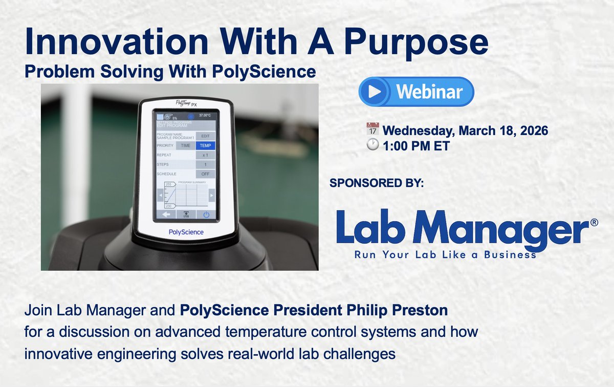 PolyScienceLab's tweet photo. Great engineering starts with solving real problems.

oin us in this upcoming webinar by Lab Manager with PolyScience President Philip Preston
📅 March 18, 2026
🕐 1 PM ET

Register now:
https://t.co/1YI3HxKCnd https://t.co/Rt2NnniBVR