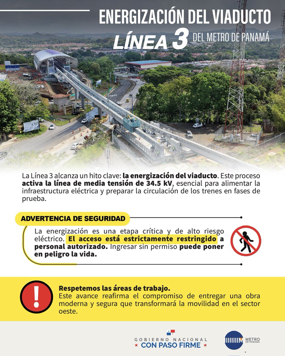 elmetrodepanama's tweet image. La Línea 3 del Metro de Panamá alcanza un nuevo hito: la energización del viaducto. ⚡🚆

Seguimos avanzando en el desarrollo de esta obra que transformará la movilidad del sector oeste.

⚠️ Respetemos las áreas de trabajo y la señalización.

#MetroDePanamá #Línea3  #panamá