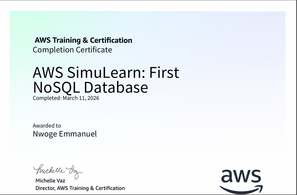 Completed AWS SimuLearn: First NoSQL Database 🎓☁️ Built my first ...