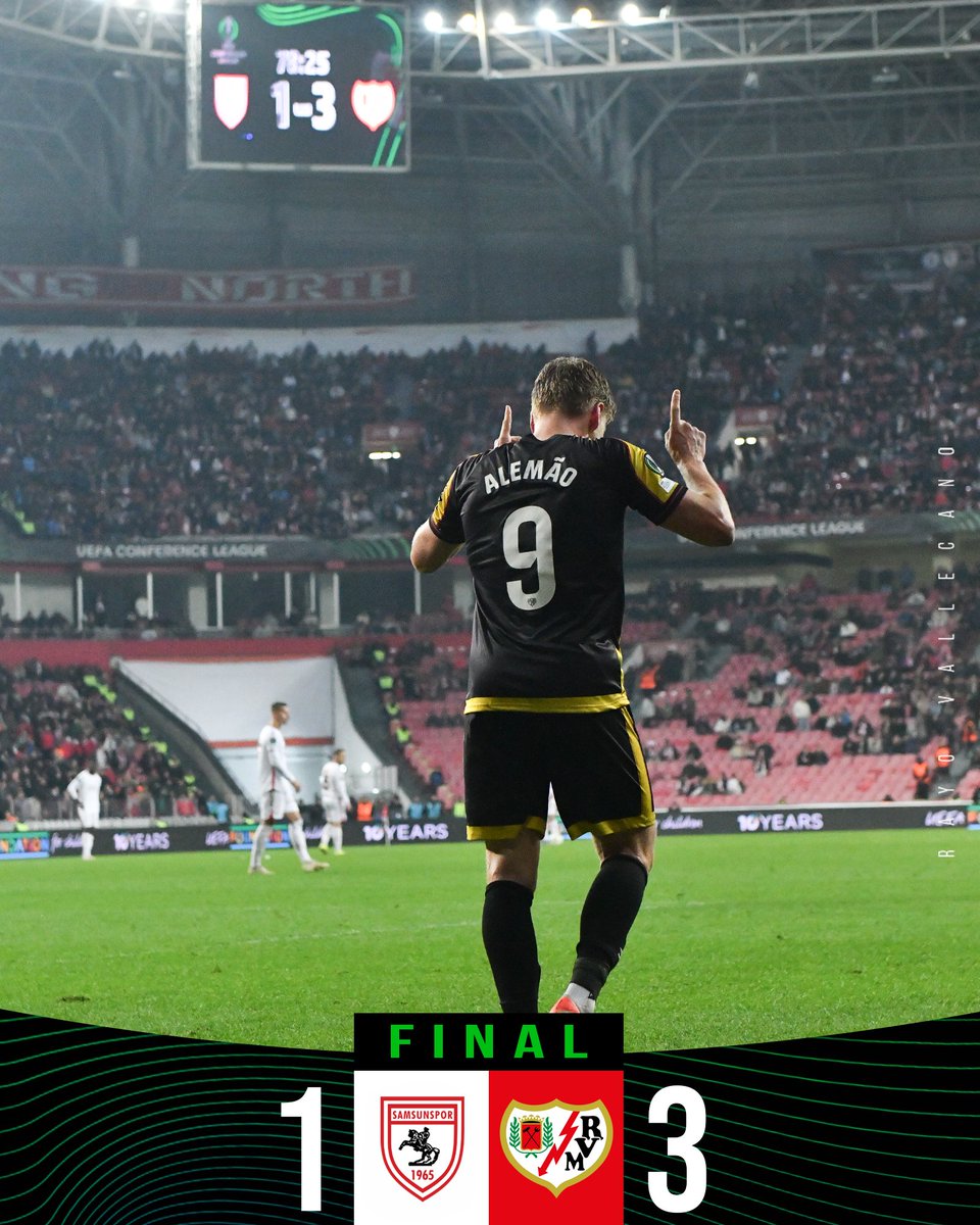 laligacore_fan's tweet photo. 🏁 FULL TIME in Turkey!
Samsunspor 1 - [3] Rayo Vallecano
⚽️ 15’ Alemao
⚽️ 40’ Álvaro García
⚽️ 78’ Alemao
🌩️ Alemao with the brace and Isi Palazón pulling the strings with two assists.
One foot in the Quarter-Finals. ⚡️🇪🇸 #UECL #RayoVallecano #LSPN #SamsunsporRayo https://t.co/T41bJtr6k0
