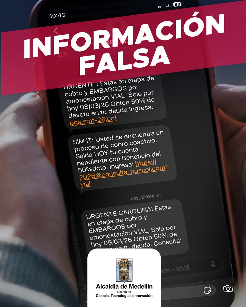 movilidad_med's tweet photo. ⚠️ ¡Ojo con los mensajes falsos!

Están circulando SMS que hablan de supuestas etapas de cobro o embargos por amonestaciones viales que incluyen un enlace. Te pedimos no ingresar al link ni compartir tus datos.

Verifica siempre la información por nuestros canales oficiales. 🚫📱 https://t.co/dfeh7JUi4W