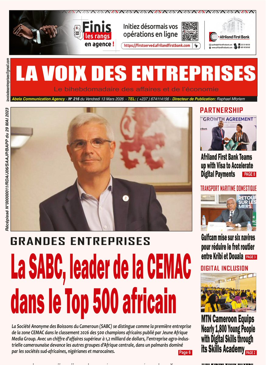 abelainfo's tweet photo. 🛜 À la UNE du journal "LA VOIX DES ENTREPRISES" du vendredi 13 mars 2026

Disponible au Cameroun sur 👉🏽 https://t.co/lhtlRaL6cG

Sur 👉🏽 https://t.co/A1geIUDRHL

La Voix Des Entreprises (LVDE)

#SABC #Boissonsducameroun https://t.co/DPhXwxj1Zf