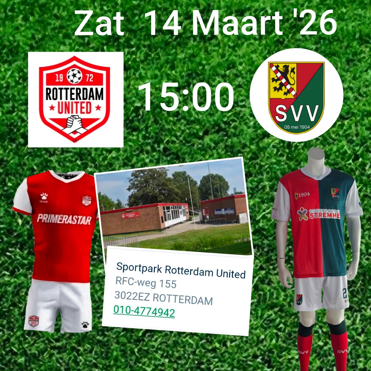 As Zaterdag 14 Maart 2026. 
#RotterdamUnited  -  ##SVV #Schiedam.
Let op ‼️ aanvang 15:00.
🔴🟢⚪️⚽️  Succes mannen 💪🏽
<a href="/waterwegsport/">WaterwegSport.nl</a> <a href="/Schiedams/">De Schiedammer</a>