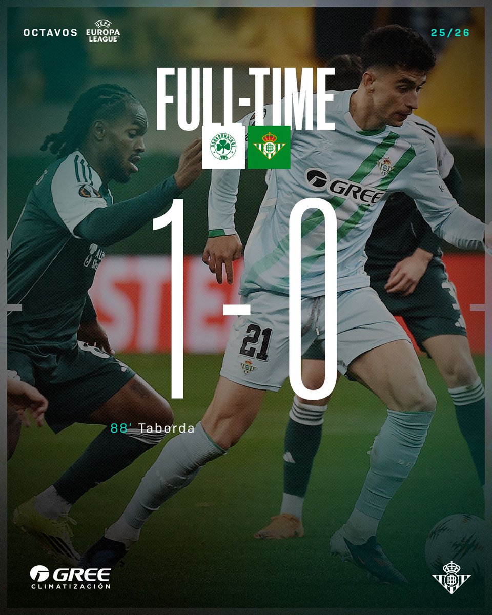 laligacore_fan's tweet photo. 🏁 FULL TIME in Athens.
Panathinaikos 1 - 0 Real Betis
🟥 88’ Diego Llorente (Sent off)
⚽️ 90’ Tetteh (Penalty)
Heartbreak for the Verdiblancos. After dominating possession (70%), a late red card and penalty decide it.
It’s not over yet. 💚🏟️ #UEL #RealBetis #LSPN https://t.co/hGPF9d2IpK