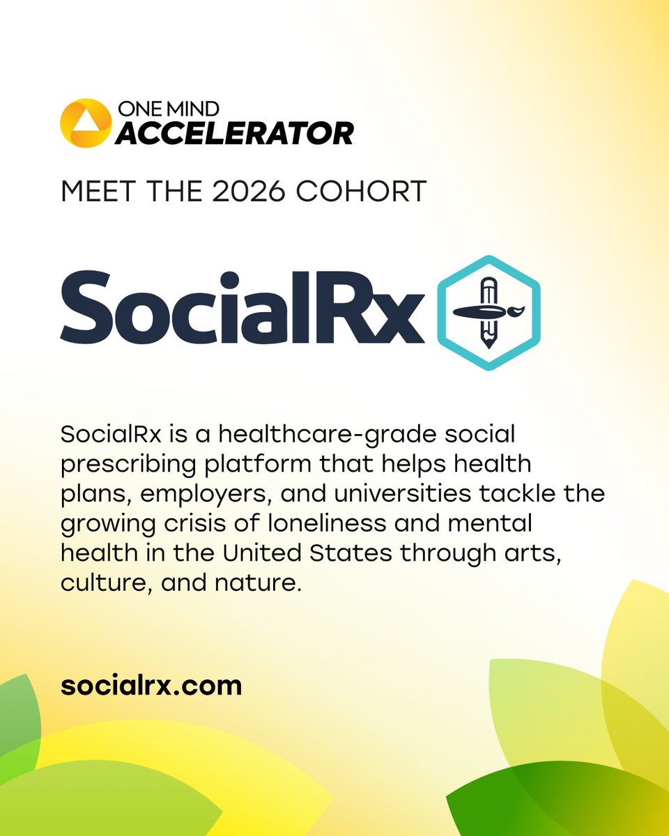 OMAccelerator's tweet photo. MEET THE 2026 COHORT: ⁠SocialRx⁠
⁠
SocialRx (formerly Art Pharmacy) is a health technology company advancing social prescribing to address loneliness, mental health, & social isolation at scale. As rates of depression, anxiety, & disconnection continue to rise, traditional clinical models alone are insufficient to meet growing demand. SocialRx complements clinical care by connecting individuals to community-based arts, culture, & nature experiences that improve whole-person health.⁠
⁠
Through partnerships with health plans, health systems, employers, and universities, SocialRx delivers structured programs that combine a scalable technology platform with human-centered care navigation. Participants are matched to culturally relevant, interest-driven activities in their communities through a national network of trusted local partners. The model is designed to be measurable, cost-effective, & adaptable across populations, geographies, & use cases.⁠
⁠
SocialRx has paying marquee customers across multiple sectors & is generating growing evidence of impact, including reductions in loneliness, improvements in mental health outcomes, decreases in avoidable emergency department visits, & increased engagement with care and community resources. Outcomes measurement is embedded into program delivery, enabling partners to track impact, quality, & return on investment.⁠
⁠
Founded on the belief that health is shaped as much by social connection as by medical care, SocialRx is building the infrastructure to integrate social connection into care pathways across the United States. By bridging healthcare & community, the company aims to redefine how mental health support is delivered & scaled, creating a more connected, preventive, & human-centered system of care⁠.

⁠▶︎ Learn more at ⁠https://t.co/JQplcSxe4Y

⁠▶︎ Visit our website to learn more about the One Mind Accelerator program and this year's cohort of 14 companies shaping the future of mental health science, innovation, and treatment: https://t.co/YNoyWEpANV

#2026OMA #MentalHealth #Innovation #OneMind #Accelerator #HealthTech #Loneliness Y⁠⁠⁠