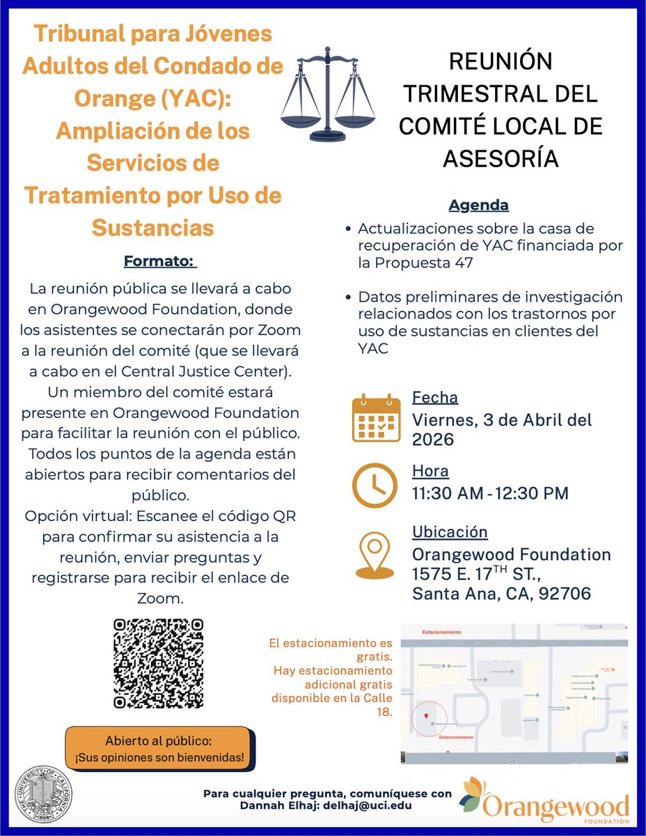 3DLabUCI's tweet photo. All members of the public are invited to our quarterly Local Advisory Committee Meeting, where we will be discussing the expansion of Young Adult Court services. Please join us on Friday, April 3, 2026 from 11:30am-12:30pm at Orangewood Foundation in Santa Ana. https://t.co/y5rXY3wsNx