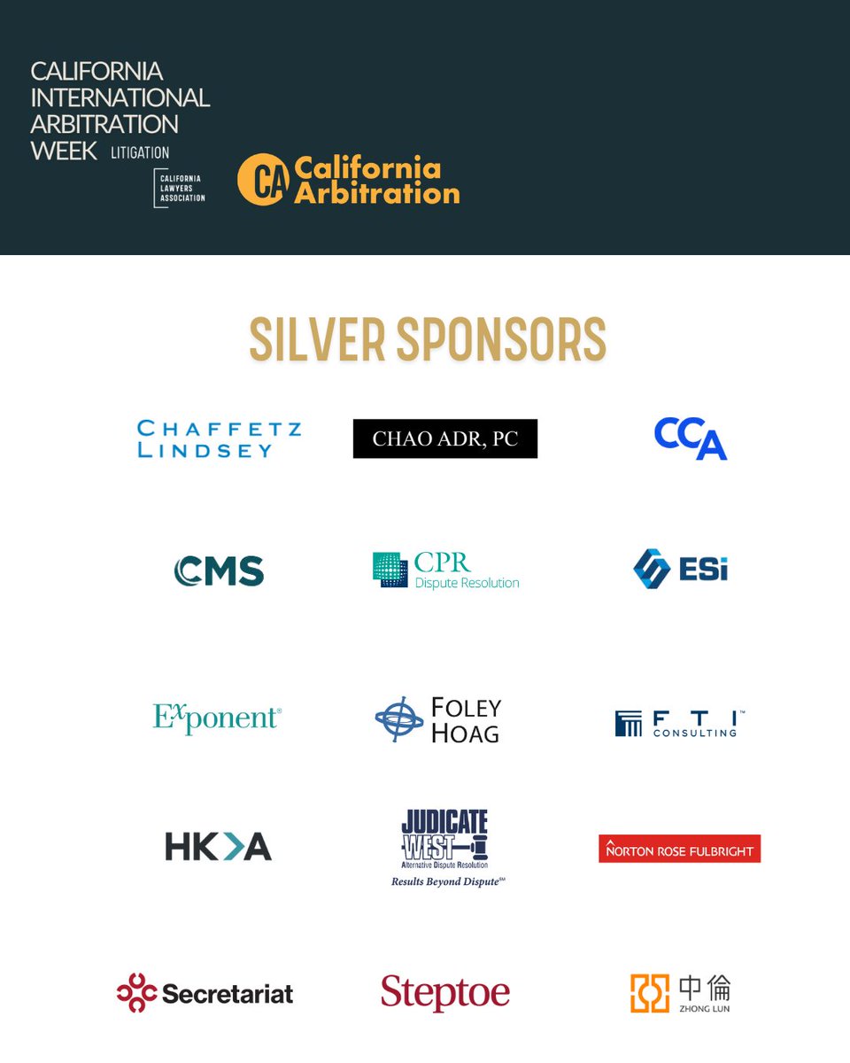 CLALitigation's tweet photo. A huge thank you to the sponsors of the 5th Annual California International Arbitration Week! We appreciate your partnership in making CIAW 2026 a success. https://t.co/Jh2kuzFHoL