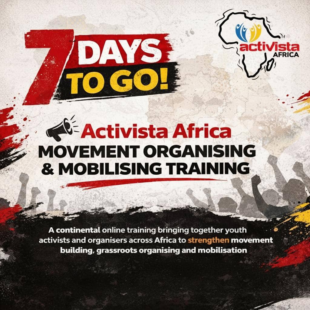 ActivistaAfrica's tweet photo. ⏳ 7 DAYS TO GO!
Youth activists across the continent are coming together for the Activista Africa Movement Organising &amp; Mobilising Training  a powerful space to strengthen grassroots organising, deepen solidarity, and build movements capable of driving social justice across https://t.co/nGlu4MRTiT