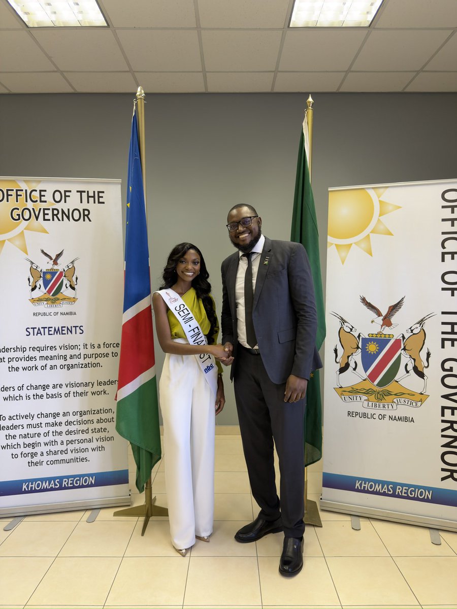 luciakapolo1's tweet photo. Honoured to share a moment with the Governor of the Khomas Region Hon. Sam Shafiishuna Nujoma Jr. The journey is unfolding and I’m walking it with purpose✨👑 
#missnamibia2026 #Beautyqueen

@NBCDigitalNews @NBCNamibia @MissNamibia https://t.co/kUEUf1rCse