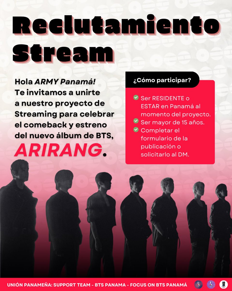 PanamaBts's tweet photo. 🤍❤️ ARMY🇵🇦 UNION POR EL LANZAMIENTO DE ARIRANG ❤️🤍

La Unión Panameña Pro Stream BTS les invita a ser parte de este gran proyecto celebrando el regreso de #BTS con su quinto álbum "ARIRANG”🔥

Este es un proyecto para ARMYs comprometidos y apasionados que quieran aportar a las posiciones de BANGTAN en los charts.💪🏾💪🏻💪

🕑 ¡Inscripciones abiertas hasta el jueves 19 de marzo a las 2:00 p.m.!

📎 Regístrate aquí:
👉 https://t.co/555vUzyVrW

¡Contamos contigo para que este regreso sea histórico como solo ARMY🇵🇦 lo sabe hacer! 💜
#BTS_ARIRANG