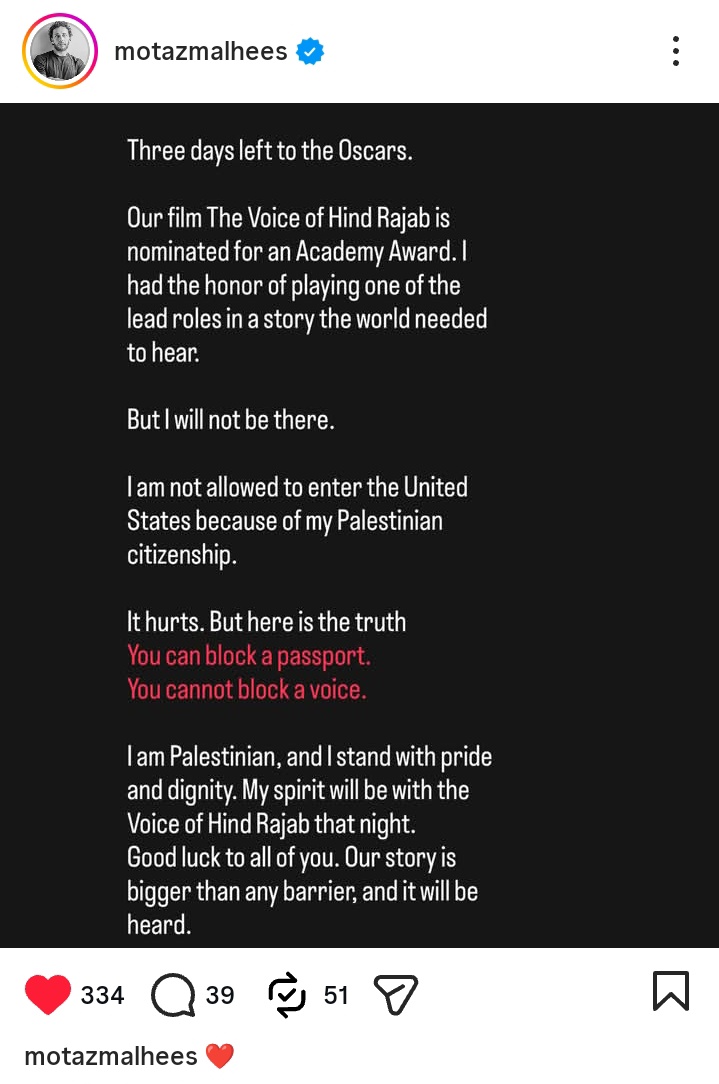 it's actually insane that the academy nominated a film about a palestinian child who was k*lled by israel but the actors involved in that movie can't attend the oscars because they're not allowed to enter in the united states.