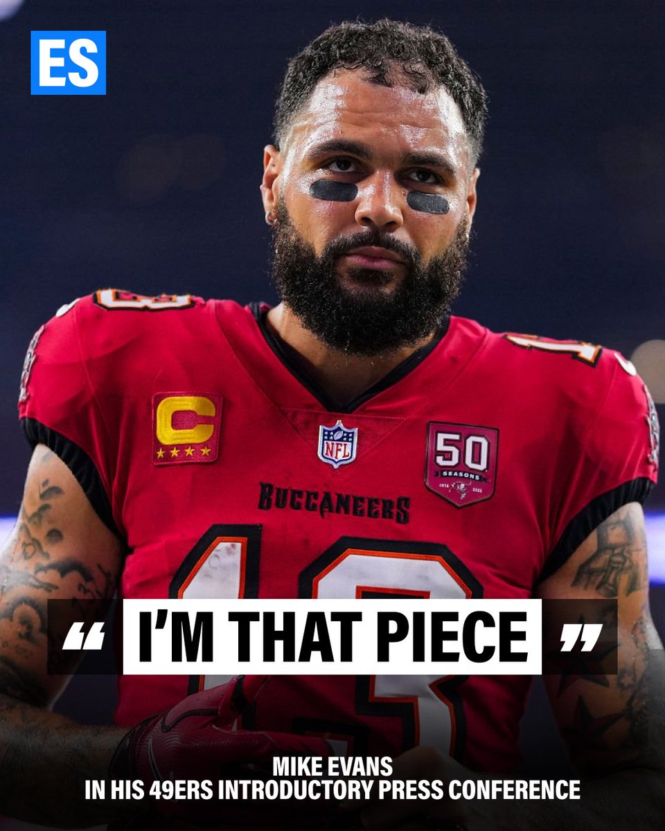 ES_sportsnews's tweet image. Mike Evans had a strong message for the #49ers fans in his first press conference: 

“They always compete. Even with the injuries. I feel like they are one piece away, and I am that piece.” 💪🏻

Is Mike Evans the final piece to the 49ers #Superbowl dream?