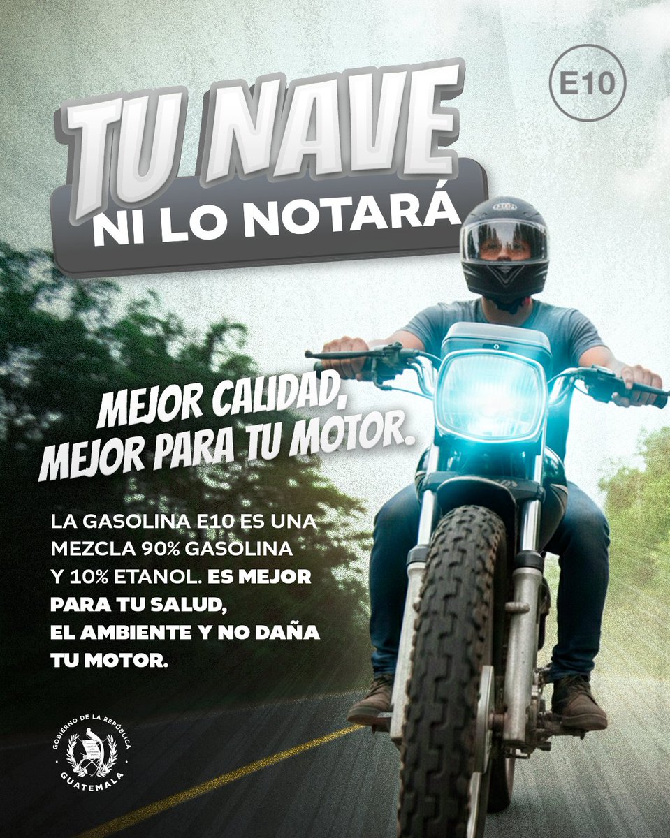 Tu nave no lo notará. Los carros y motos que circulan en Guatemala ya son compatibles con la gasolina E10. 🚗🏍️ La gasolina E10 se usa en más de 60 países desde hace más de 50 años.

Al usar la E10 obtienes:

➡️ Una mejor combustión que puede aumentar la potencia de tu motor.