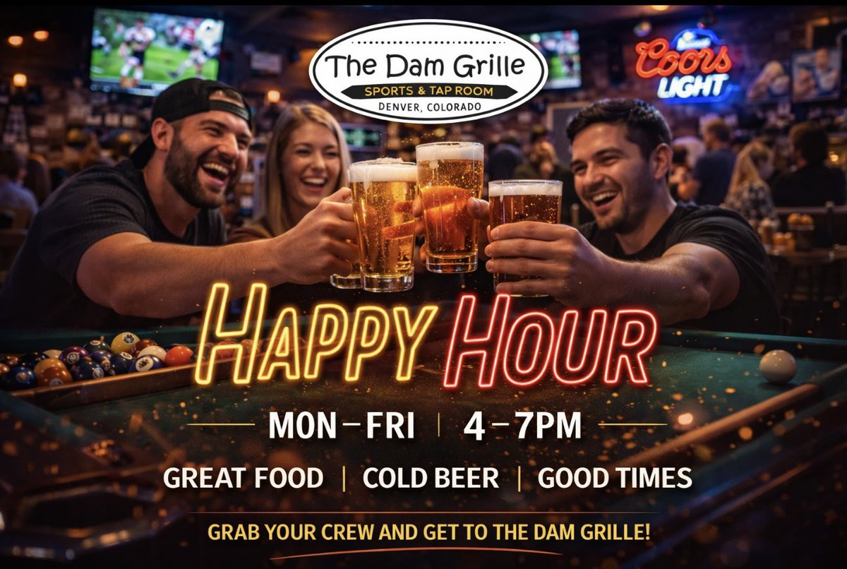 TheDamGrille's tweet photo. Thursday = perfect excuse for Happy Hour. 🍻

Grab the crew after work and roll into The Dam Grille for ice-cold beers, pool tables, and some of the best wings in Denver.

Happy Hour Mon–Fri • 4–7PM

#DenverHappyHour #DenverSportsBar #DenverEats #PoolNight #Support https://t.co/8Nyj1fuOF6