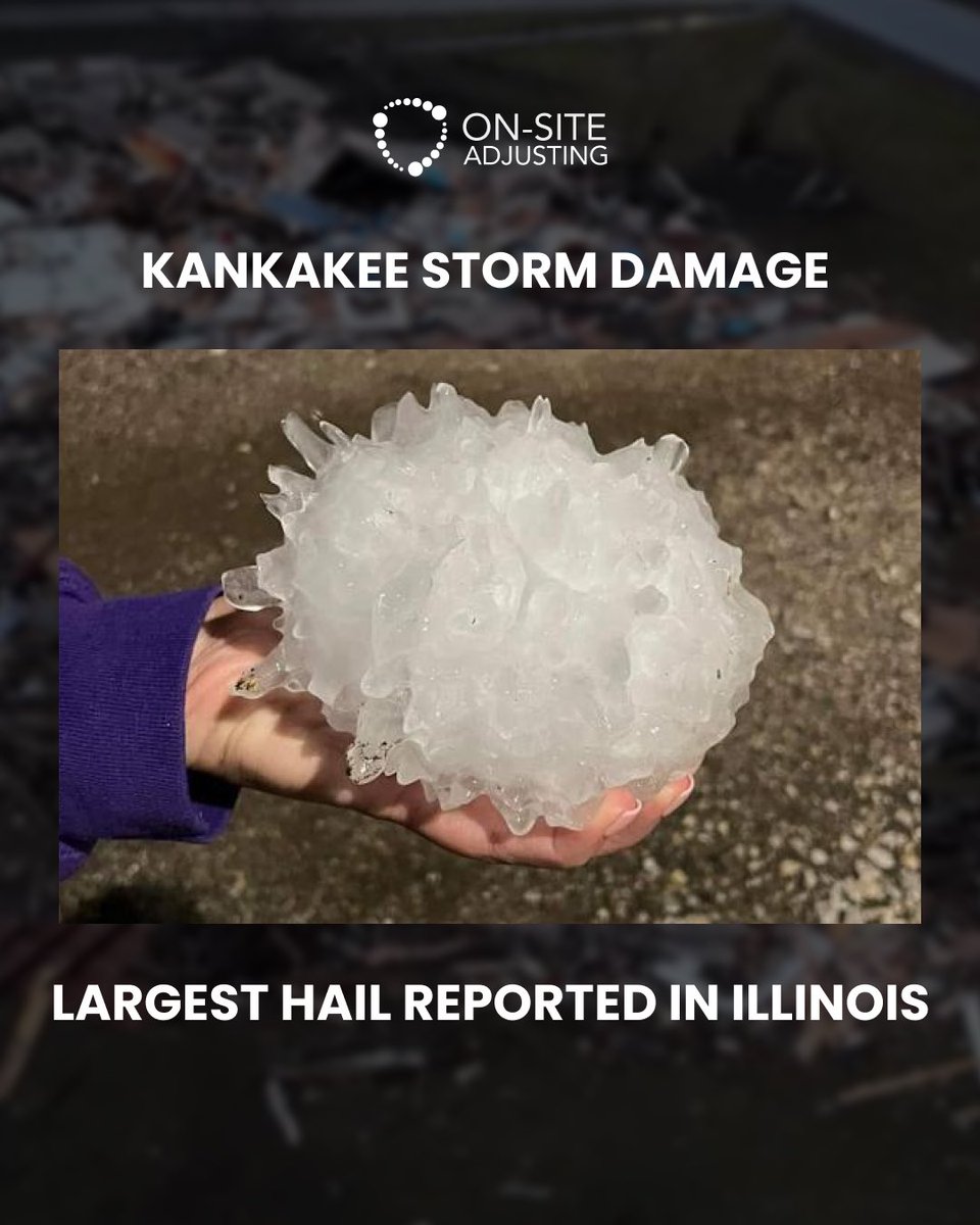 OnAdjusting's tweet photo. Severe storms hit Illinois with tornado activity near Kankakee and some of the largest hail reported in the state. Damage to roofs, siding, HVAC, and windows isn’t always visible right away.

#illinoisstorm #haildamage #tornadodamage #insuranceclaim https://t.co/oSlHZtICOI