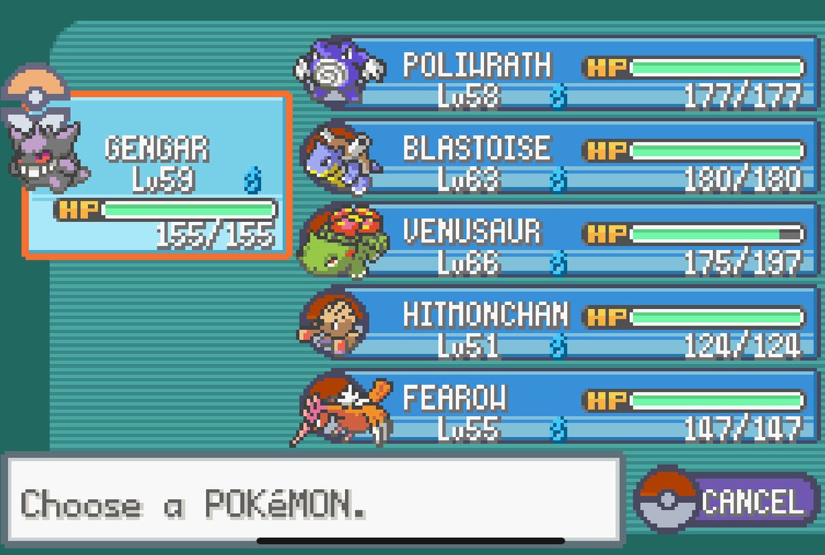 Mi equipo Pokemon en LeafGreen de emulador, Gengar y Blastoise los conseguí por medio de cheats y me vale verga